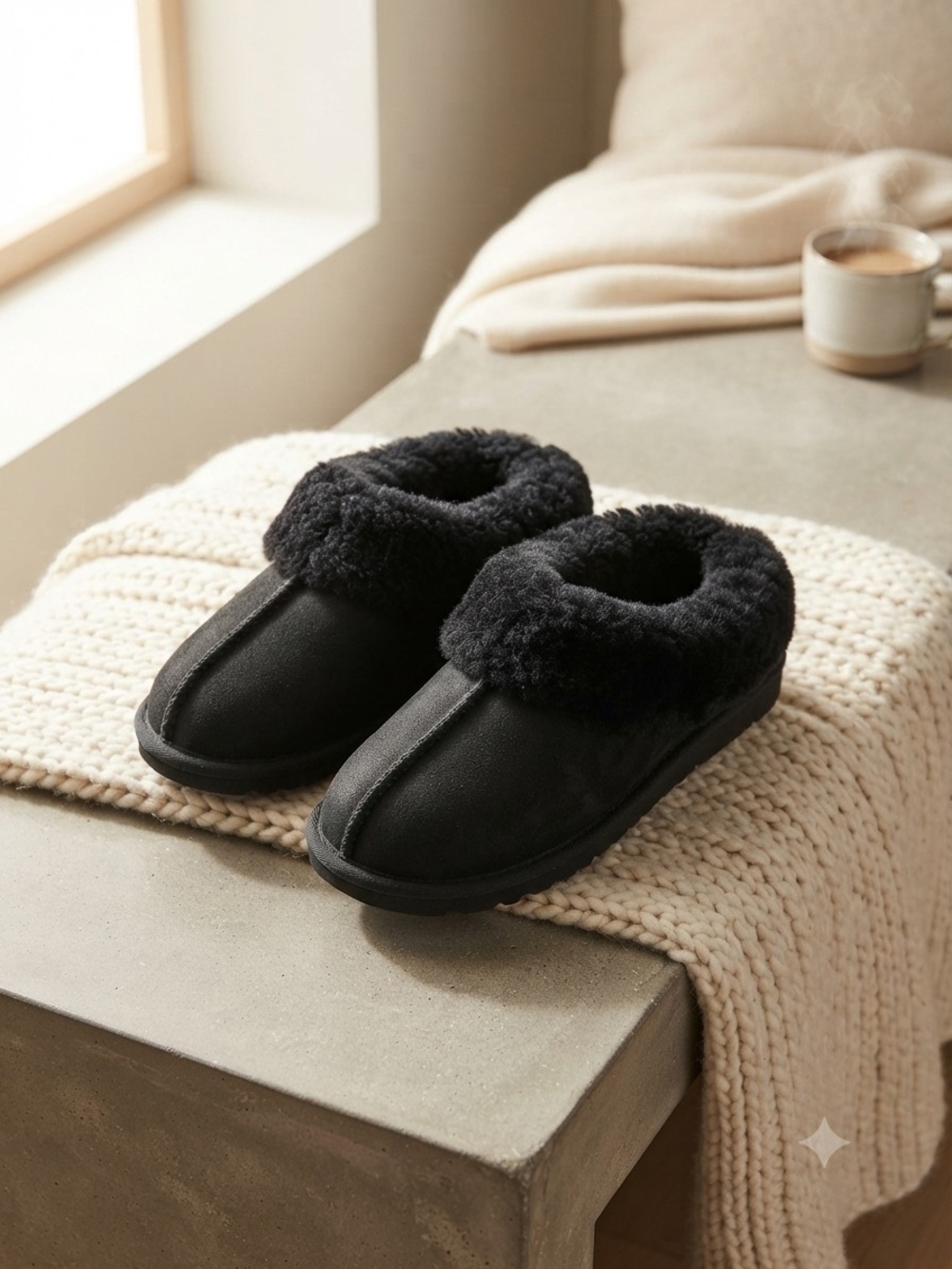 Kids Black Fleece-Lined Slip-On Slippers